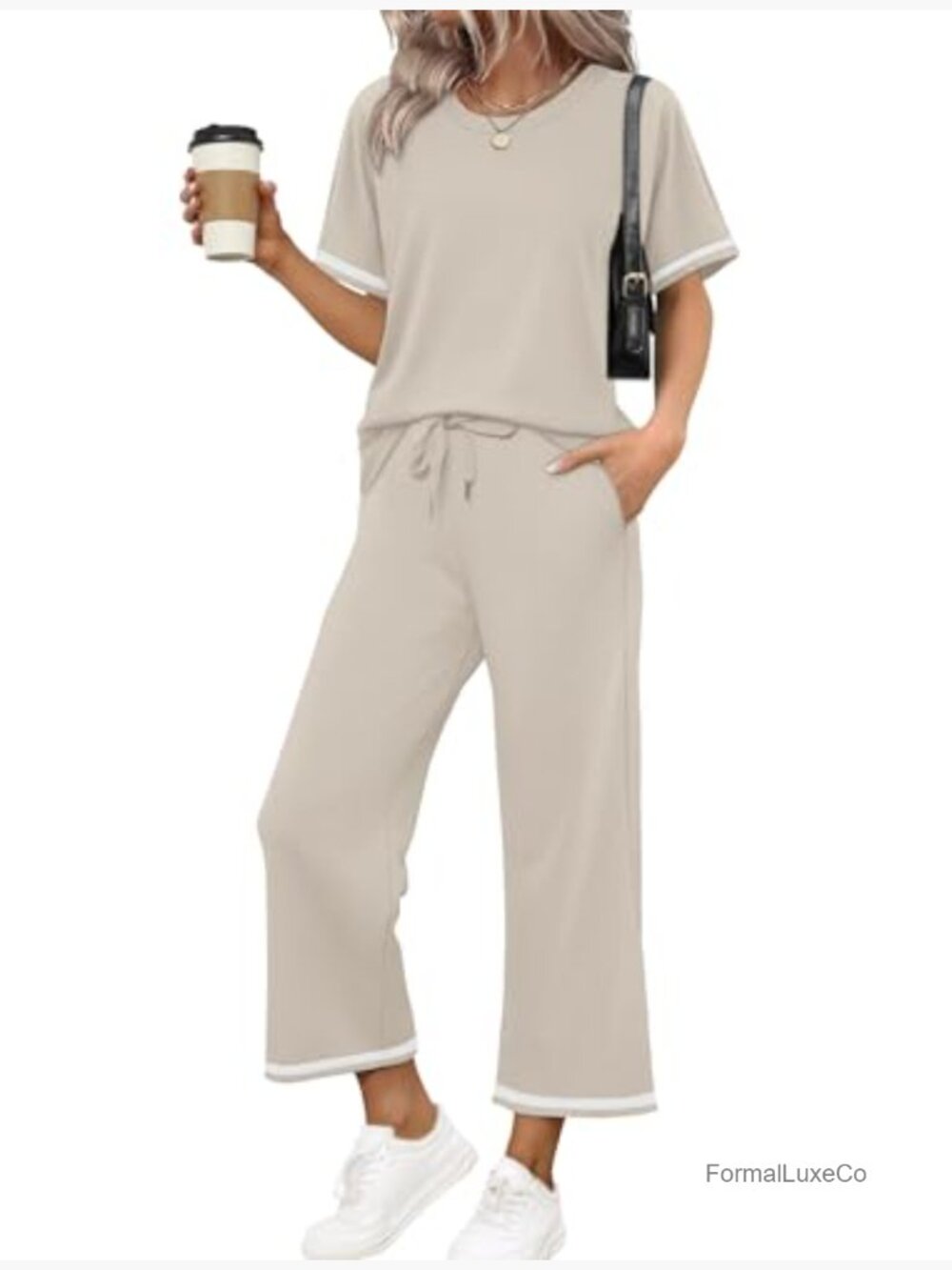 Women's 2 Piece Lounge Set Short Sleeve Wide Leg Pants Travel Outfit - Picture 2 of 7